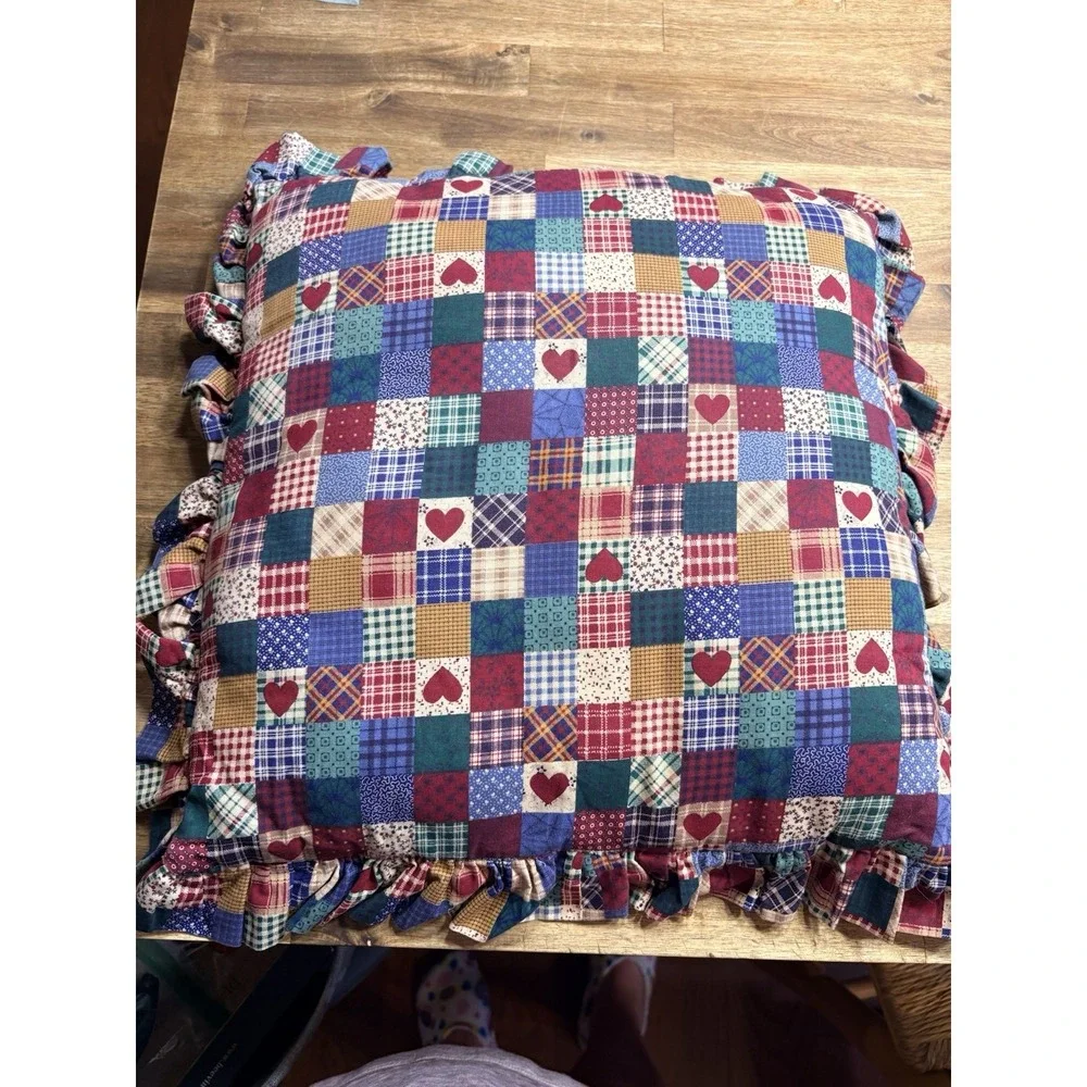 Vintage Quilted Patchwork Throw Pillow Ruffles Garden Flowers Cottage Core